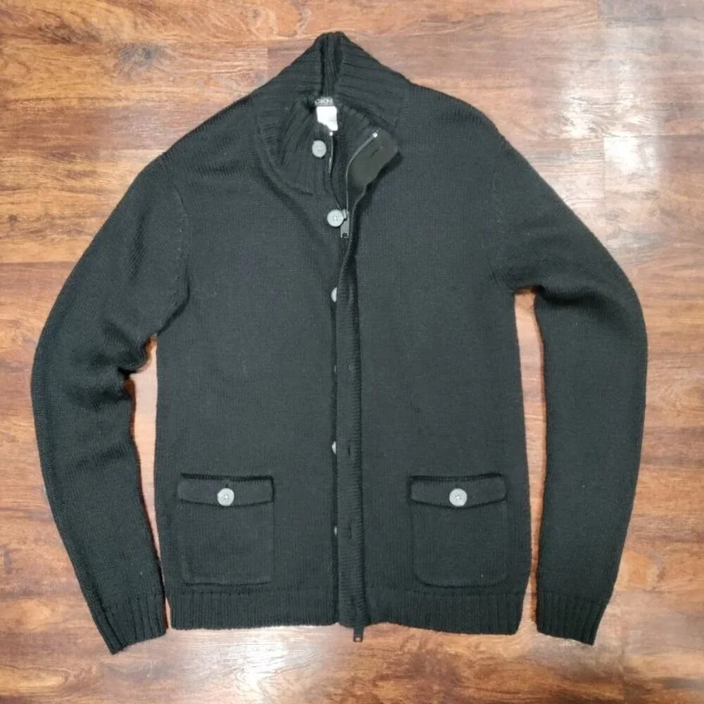 DKNY Classic Black Knit Sweater Men's Medium Button Zipper Front Pockets Ribbed - Picture 2 of 10